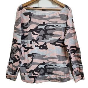 Blooming Jelly Pink Camo Waffle Knit Oversized Boat Neck Sweater Women XL Casual